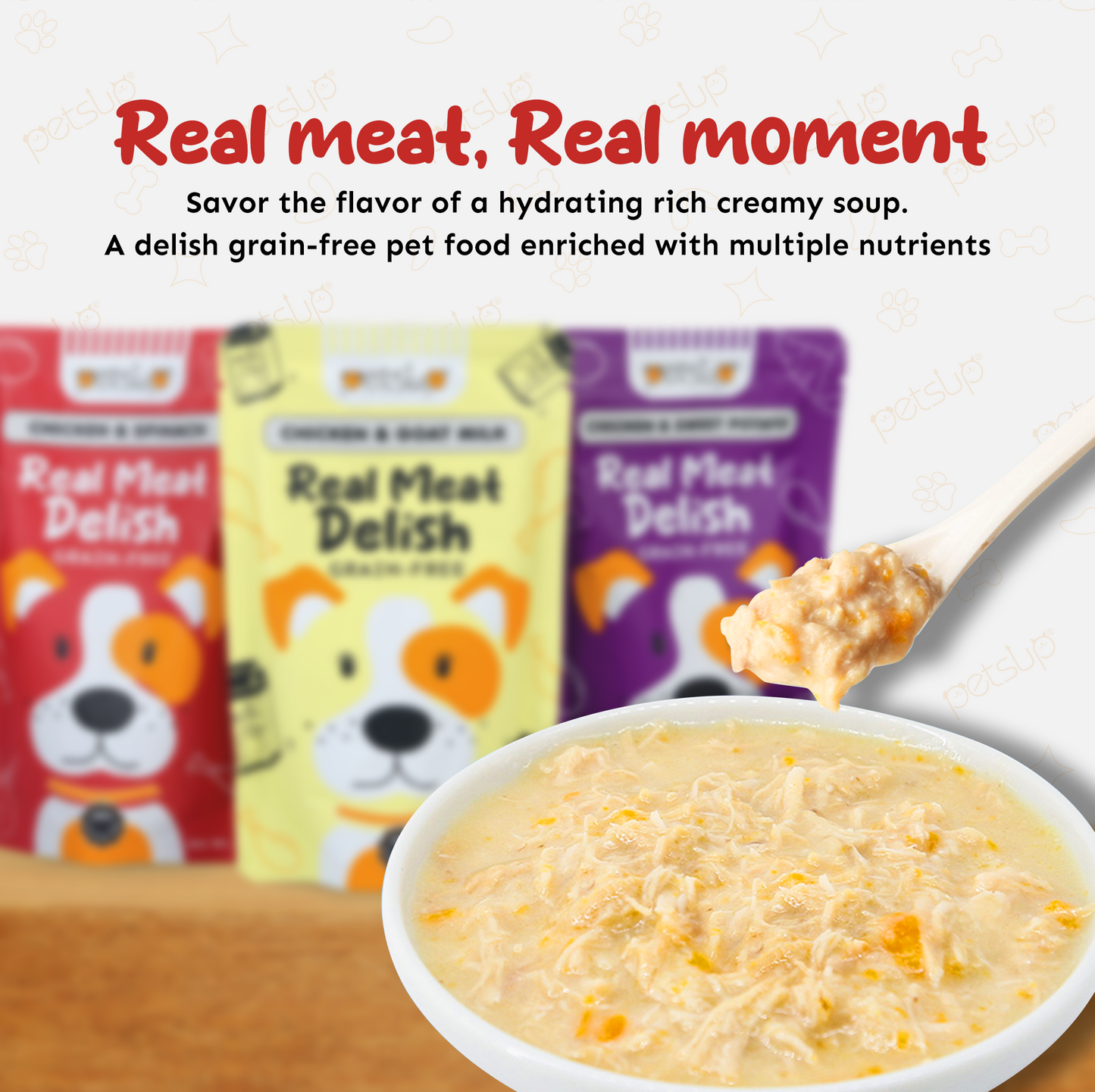 Petsup Dog Real Meat Delish Dog Wet Food 85g - Rich in Creamy Soup Vegetable Hydrating Dog Food For Puppy Real Chicken