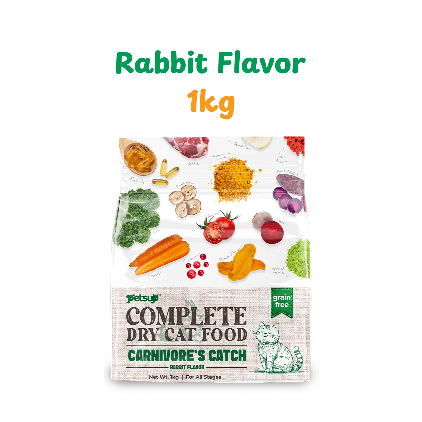 Petsup Complete Cat Dry Food Carnivores Catch Grain Free 1kg Rabbit & Salmon Flavor Novel Protein Complete Nutrition Low Sodium Hypoallergenic Easy to Digest for Picky Eaters Dry Cat Food for All Breeds