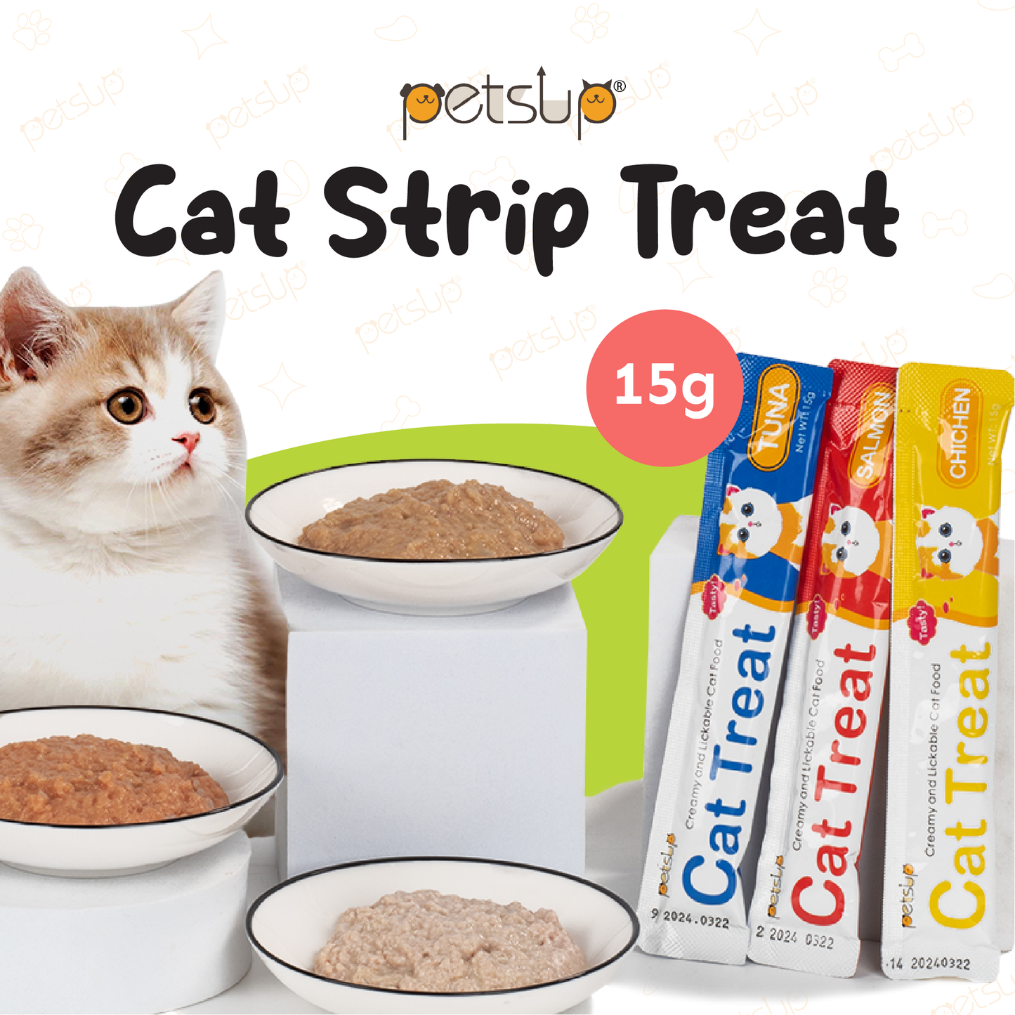 Petsup 15Pcs Cat Treat Strips Cat Stick 15g Fresh Wet Food Small Pet Snacks Liquid Nutrition Cream For Cat and Kitten Treat in 3 Flavors Tuna Chicken Salmon