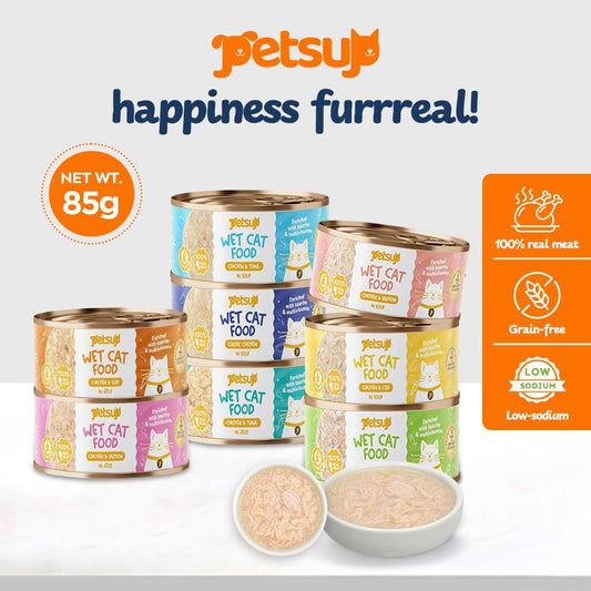 Petsup Cat Canned Wet Food Quality Wet Food - 5 Flavors Tuna Chicken in Soup Salmon Cod Tuna in Soup 85g DHA Protein Minerals Vitamins For Cats And Kittens