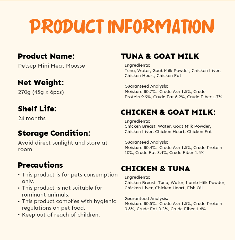 Petsup Cat Kitten Mini Meat Mousse 270g 6Pcs/Pack - Multivitamins Fish Oil Omega-3 Probiotic Prebiotic Cat Kitten Wet Food