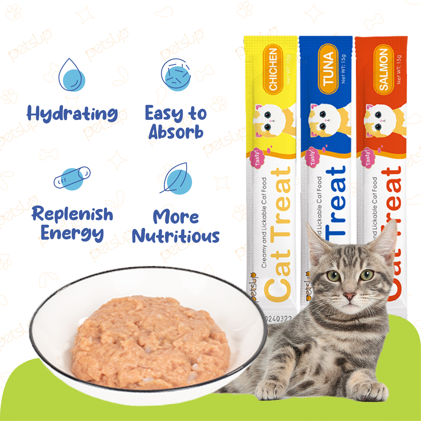 Petsup 15Pcs Cat Treat Strips Cat Stick 15g Fresh Wet Food Small Pet Snacks Liquid Nutrition Cream For Cat and Kitten Treat in 3 Flavors Tuna Chicken Salmon
