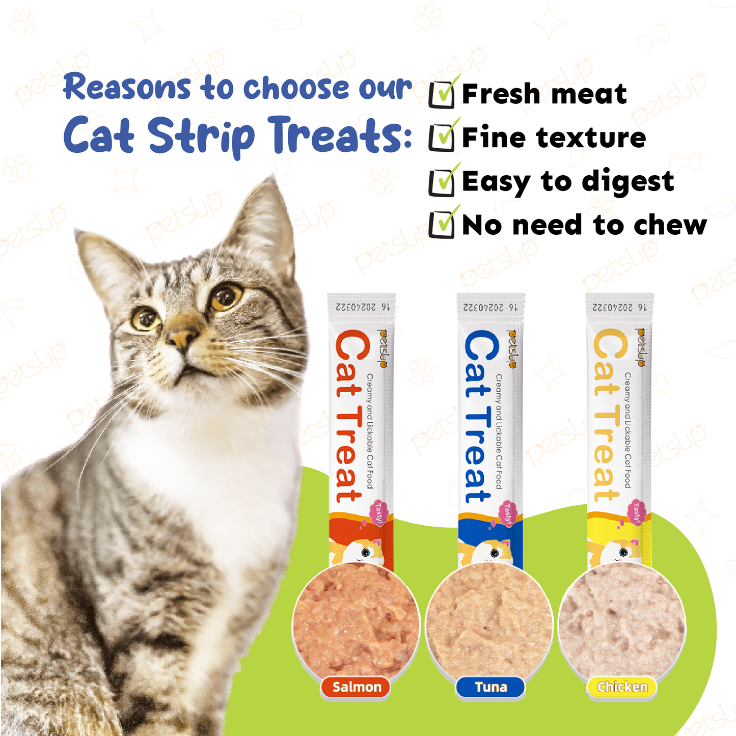 Petsup 15Pcs Cat Treat Strips Cat Stick 15g Fresh Wet Food Small Pet Snacks Liquid Nutrition Cream For Cat and Kitten Treat in 3 Flavors Tuna Chicken Salmon
