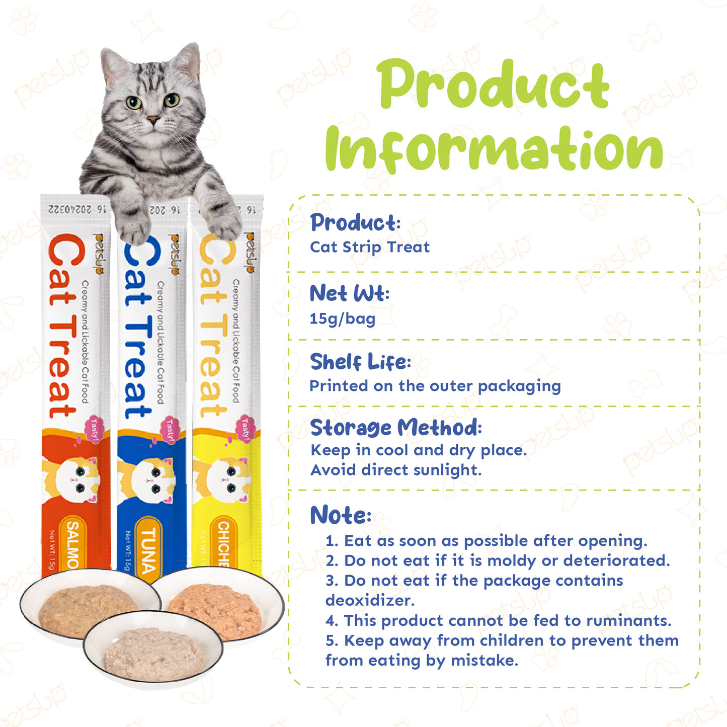 Petsup 15Pcs Cat Treat Strips Cat Stick 15g Fresh Wet Food Small Pet Snacks Liquid Nutrition Cream For Cat and Kitten Treat in 3 Flavors Tuna Chicken Salmon
