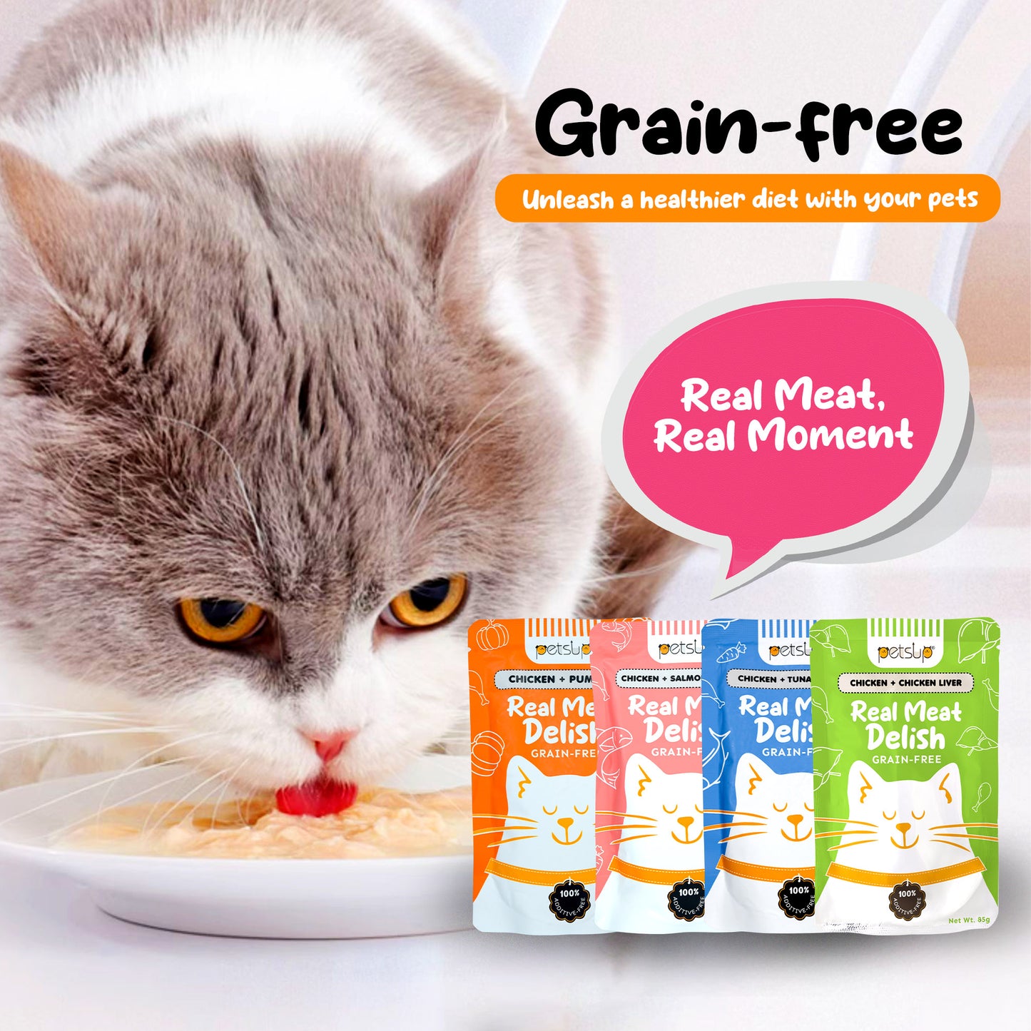 Petsup Cat Wet Food Real Meat Delish 85g - Chicken Salmon Tuna Carrot Pumpkin Chicken Liver