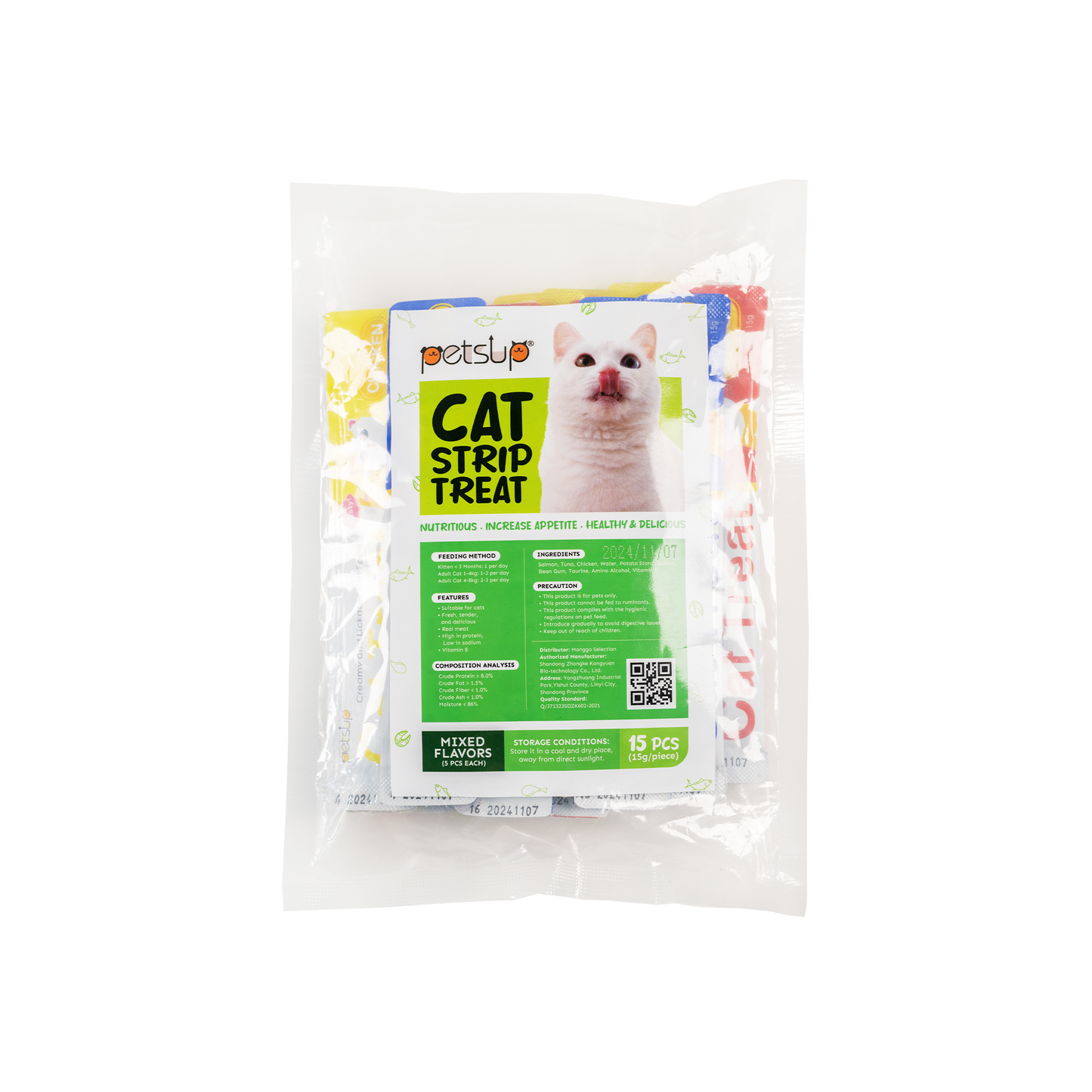 Petsup 15Pcs Cat Treat Strips Cat Stick 15g Fresh Wet Food Small Pet Snacks Liquid Nutrition Cream For Cat and Kitten Treat in 3 Flavors Tuna Chicken Salmon