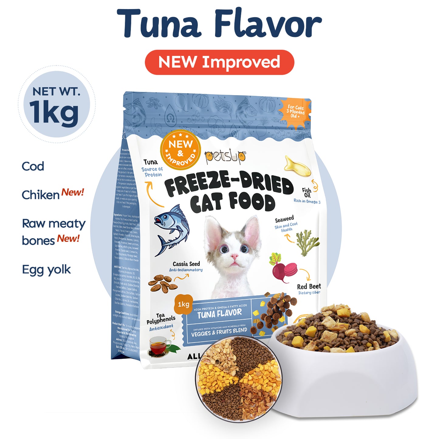 Petsup Freeze Dried Cat Food 1kg - Salmon Tuna Egg Yolk Dry Food Treats for Kitten Adult All Breeds