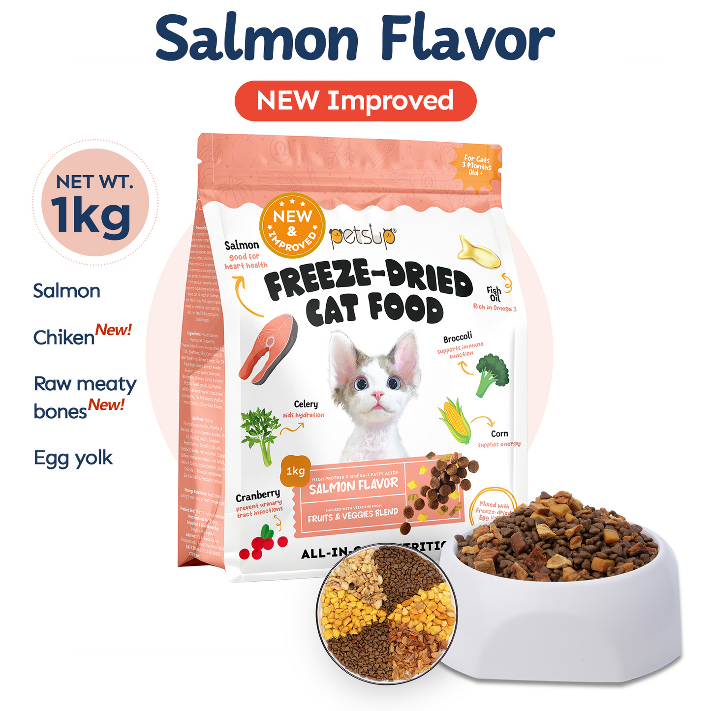 Petsup Freeze Dried Cat Food 1kg - Salmon Tuna Egg Yolk Dry Food Treats for Kitten Adult All Breeds
