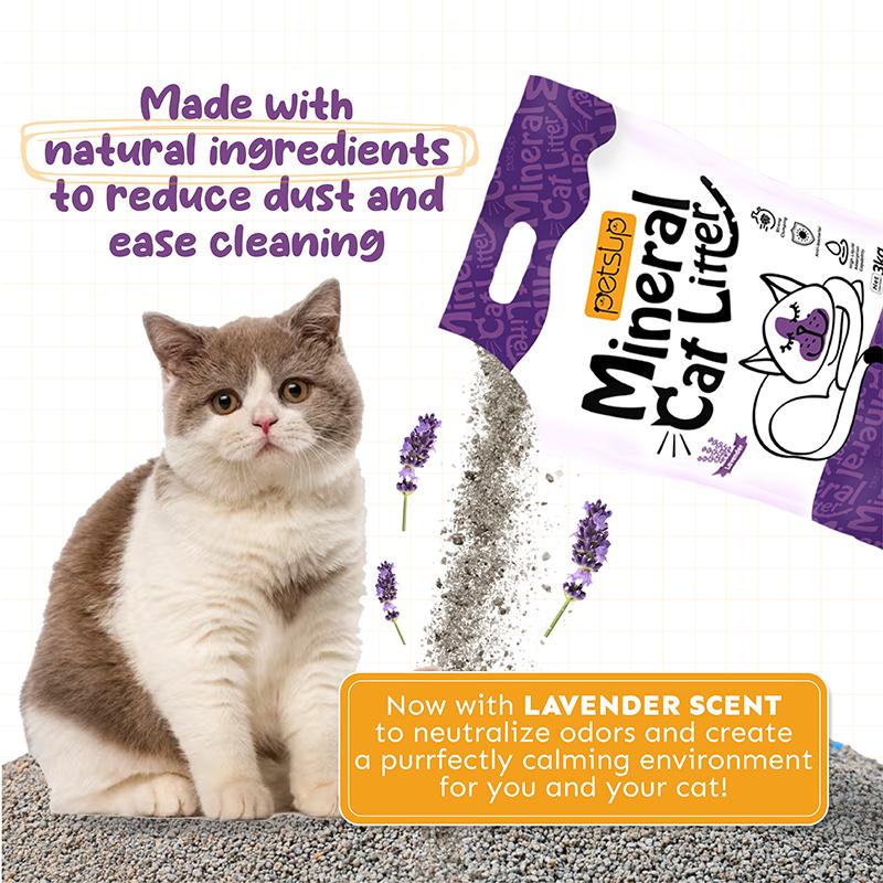 Petsup Mineral Cat Litter Sand Lavender Scent 3Kgs Sodium-Based Mineral Sand Absorbent Low Dust Odor Eliminator Litter Sand For Cats Kittens
