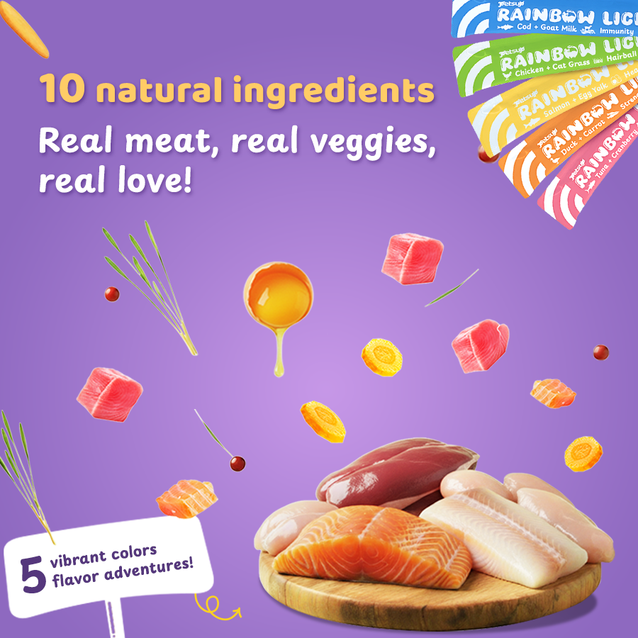 Petsup Rainbow Licky Cat Wet Food Treats - Real Chicken Salmon Tuna Duck Meat & Veggies | Hairball Control, Urinary Care | Rich in Taurine, Fish Oil, Prebiotics Vitamins Immunity Health Easy Digestion Soft Creamy Snack for Cats & Kittens 15g/8 Strips