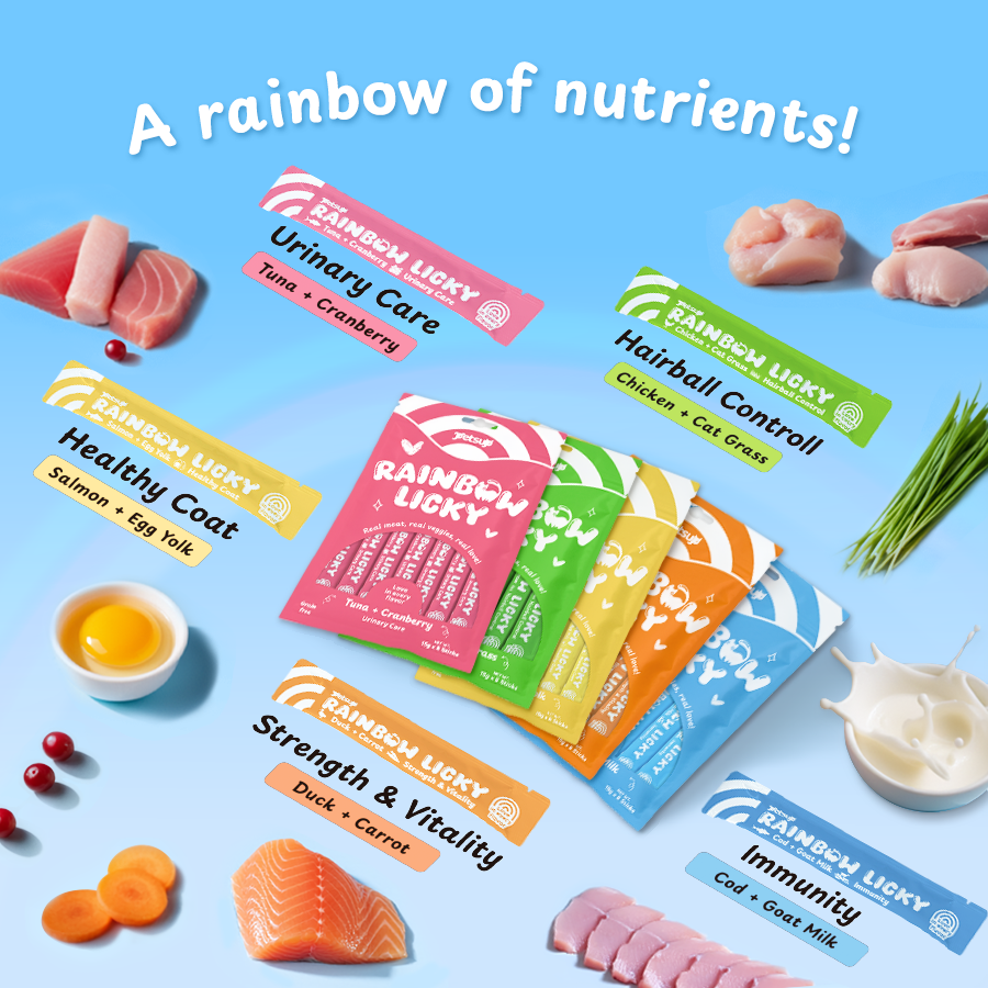 Petsup Rainbow Licky Cat Wet Food Treats - Real Chicken Salmon Tuna Duck Meat & Veggies | Hairball Control, Urinary Care | Rich in Taurine, Fish Oil, Prebiotics Vitamins Immunity Health Easy Digestion Soft Creamy Snack for Cats & Kittens 15g/8 Strips