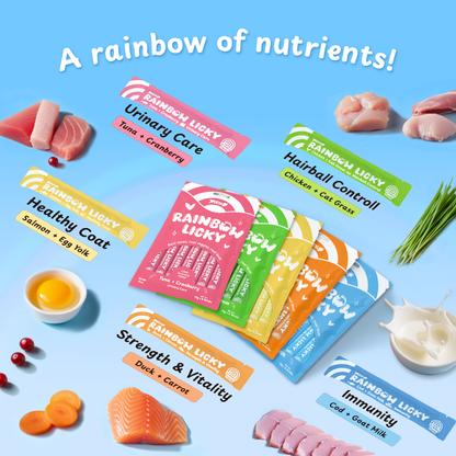 Petsup Rainbow Licky Cat Wet Food Treats - Real Chicken Salmon Tuna Duck Meat & Veggies | Hairball Control, Urinary Care | Rich in Taurine, Fish Oil, Prebiotics Vitamins Immunity Health Easy Digestion Soft Creamy Snack for Cats & Kittens 15g/8 Strips