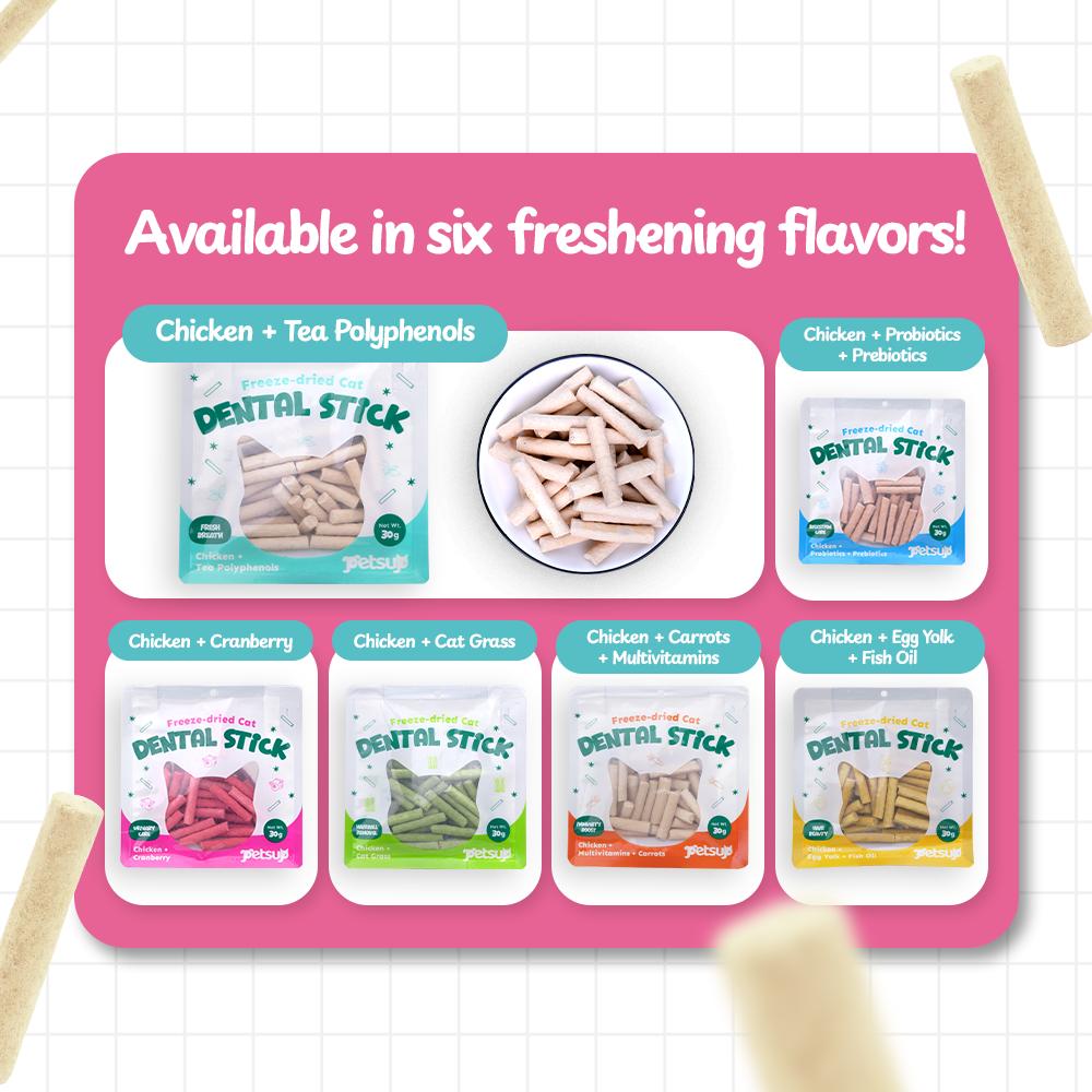 Petsup Freeze Dried Cat Dental Sticks 100% Real Chicken Tea Polyphenols Fresh Breath Tartar Remover Oral Care Multivitamins, Carrots, Probiotics and Prebiotics, Cranberry, Catnip, Egg yolk and Fish oil Supplemental Treats Cat Treats 30g
