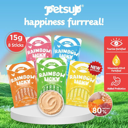 Petsup Rainbow Licky Cat Wet Food Treats - Real Chicken Salmon Tuna Duck Meat & Veggies | Hairball Control, Urinary Care | Rich in Taurine, Fish Oil, Prebiotics Vitamins Immunity Health Easy Digestion Soft Creamy Snack for Cats & Kittens 15g/8 Strips