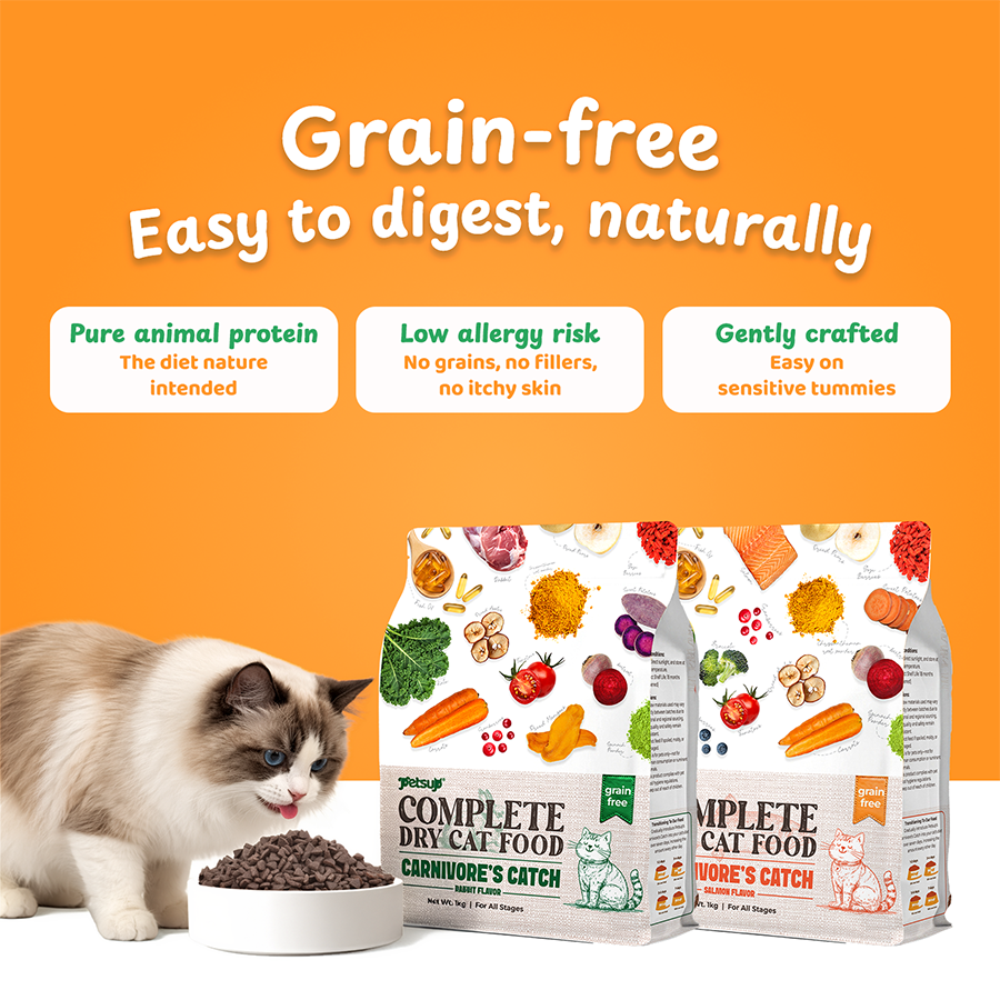 Petsup Complete Cat Dry Food Carnivores Catch Grain Free 1kg Rabbit & Salmon Flavor Novel Protein Complete Nutrition Low Sodium Hypoallergenic Easy to Digest for Picky Eaters Dry Cat Food for All Breeds
