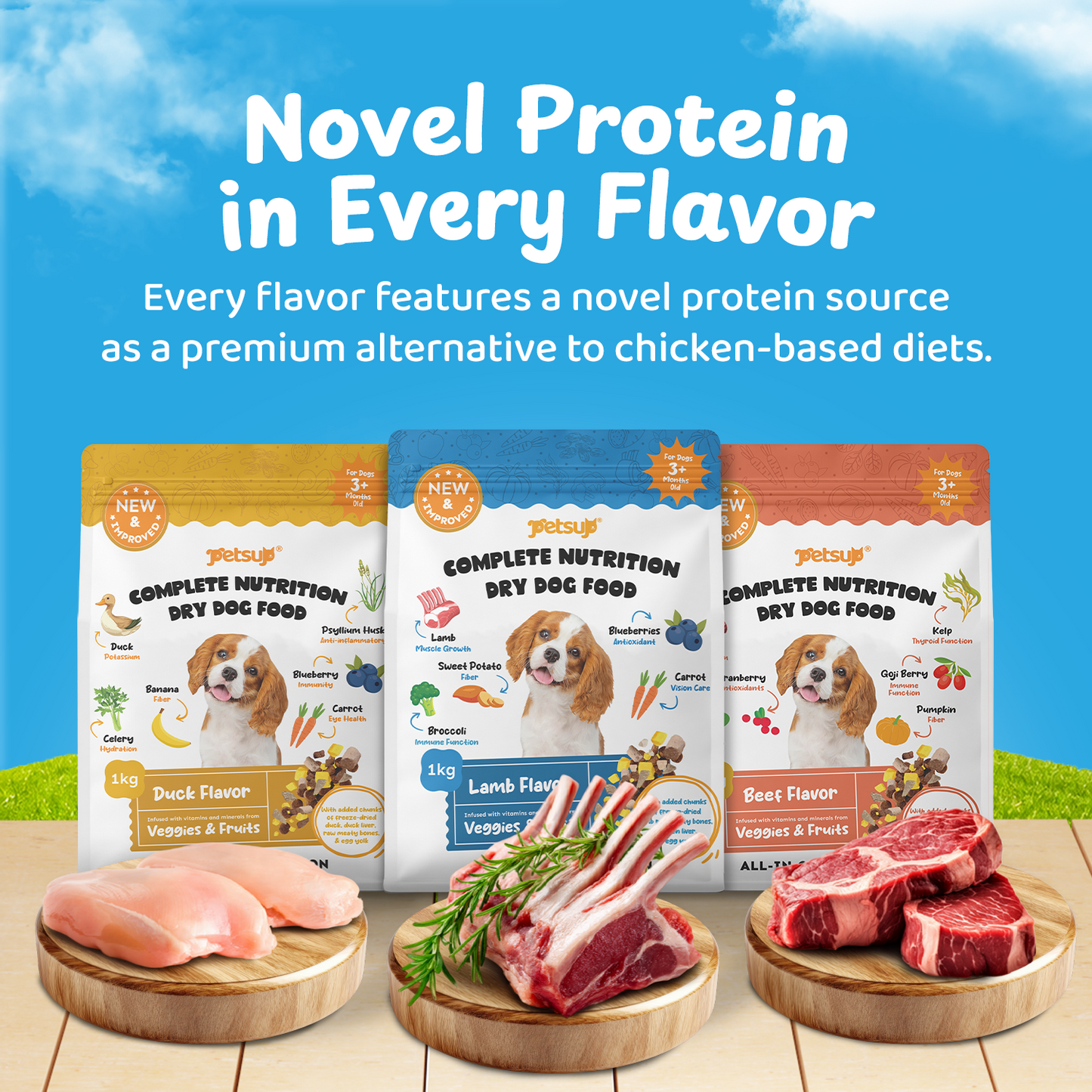 Petsup Complete Nutrition Dry Dog Food 1kg with Freeze Dried Treats Beef Duck Lamb Flavor High Protein Complete & Balanced Nutrition