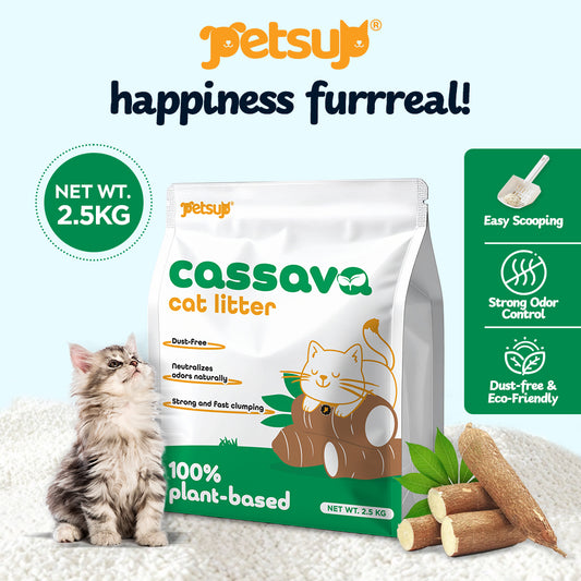 Petsup Cassava Cat Litter Premium 100% Plant Organic Based Easy Scoop Quickly Clumps Non-sticky , Strong Odor Control, Dust-free, Water Absorption, Protect UTI, Supports Respiratory Health, Fragrance-free 2.5kg