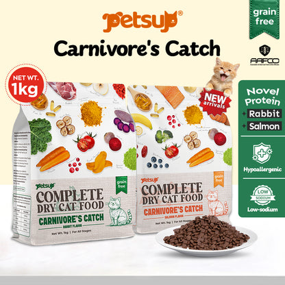 Petsup Complete Cat Dry Food Carnivores Catch Grain Free 1kg Rabbit & Salmon Flavor Novel Protein Complete Nutrition Low Sodium Hypoallergenic Easy to Digest for Picky Eaters Dry Cat Food for All Breeds