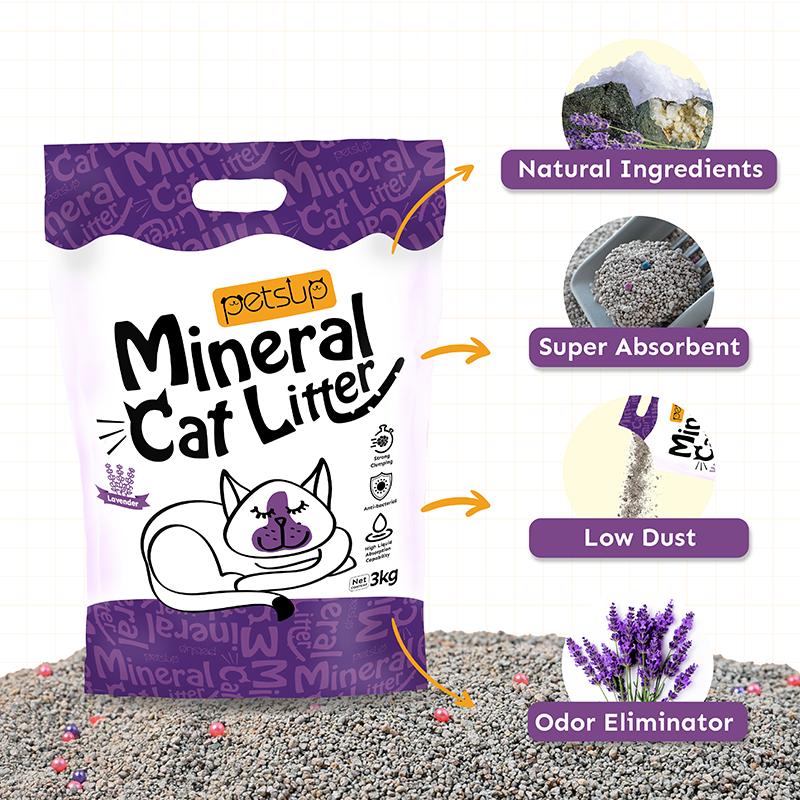 Petsup Mineral Cat Litter Sand Lavender Scent 3Kgs Sodium-Based Mineral Sand Absorbent Low Dust Odor Eliminator Litter Sand For Cats Kittens