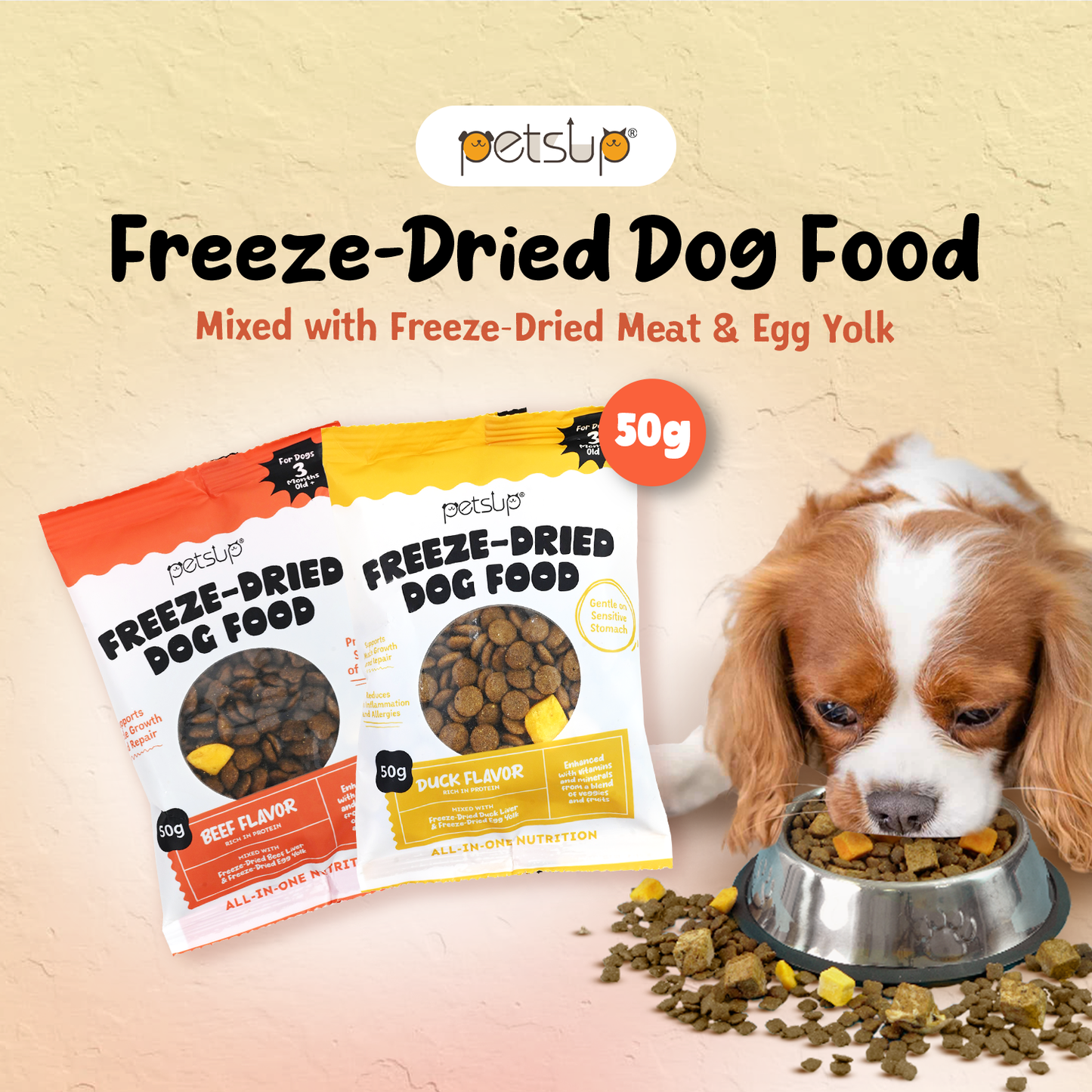 Petsup Freeze Dried Dog Dry Food 50g for Adult and Puppy All Stage - Beef Duck Liver Egg Yolk