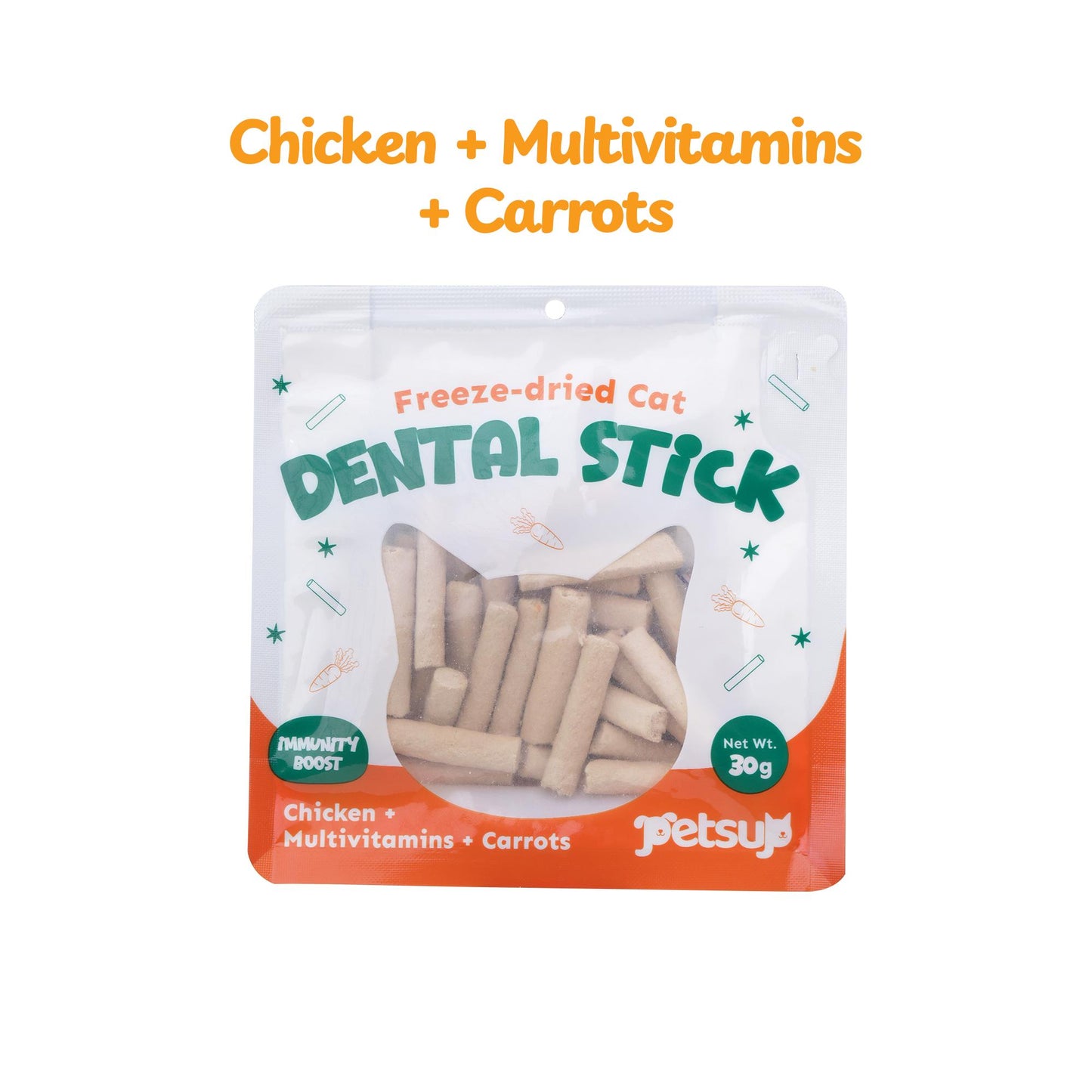 Petsup Freeze Dried Cat Dental Sticks 100% Real Chicken Tea Polyphenols Fresh Breath Tartar Remover Oral Care Multivitamins, Carrots, Probiotics and Prebiotics, Cranberry, Catnip, Egg yolk and Fish oil Supplemental Treats Cat Treats 30g