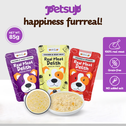 Petsup Dog Real Meat Delish Dog Wet Food 85g - Rich in Creamy Soup Vegetable Hydrating Dog Food For Puppy Real Chicken