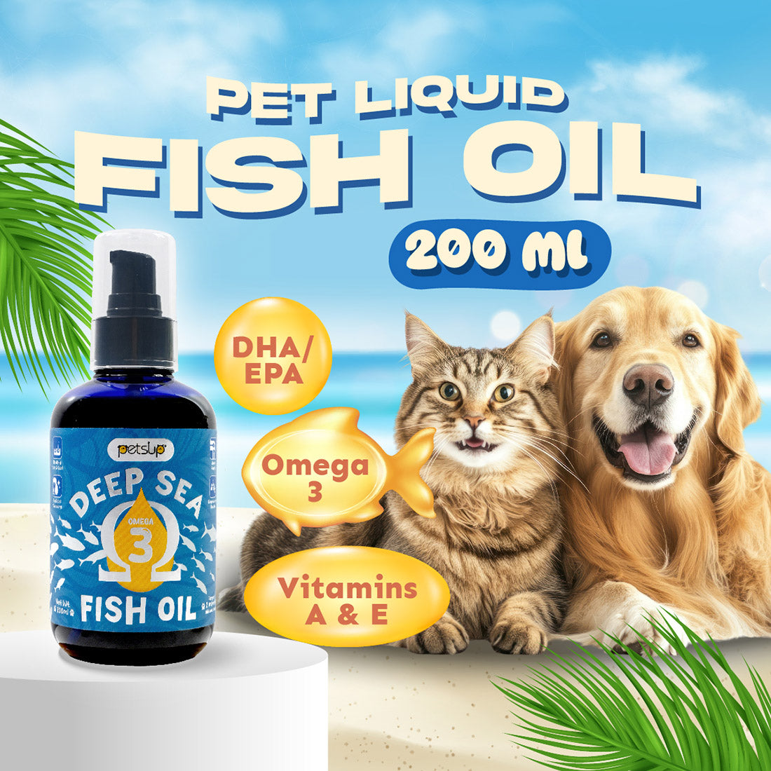 Petsup Pet Fish Oil Liquid 200ml Omega 3 Vitamins EPA DHA for Skin Coat Joints Immunity Cats & Dog