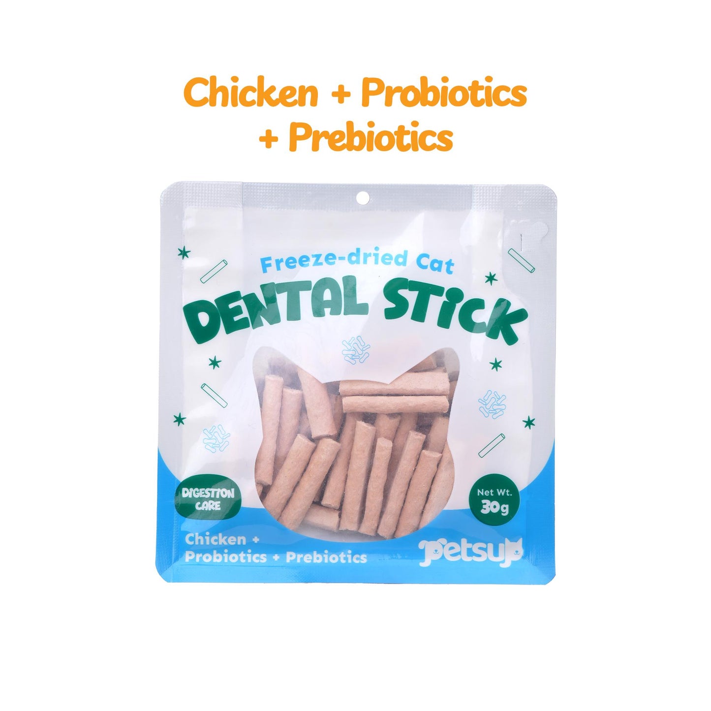 Petsup Freeze Dried Cat Dental Sticks 100% Real Chicken Tea Polyphenols Fresh Breath Tartar Remover Oral Care Multivitamins, Carrots, Probiotics and Prebiotics, Cranberry, Catnip, Egg yolk and Fish oil Supplemental Treats Cat Treats 30g