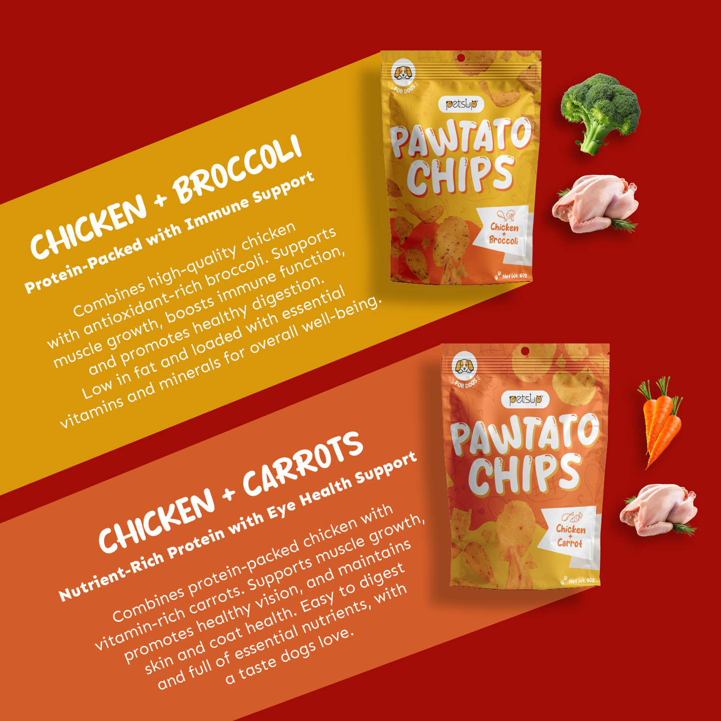 Petsup Pawtato Chips 80g (2 Flavors) - Chicken Broccoli Carrot - Crispy Crunchy Dog Treats