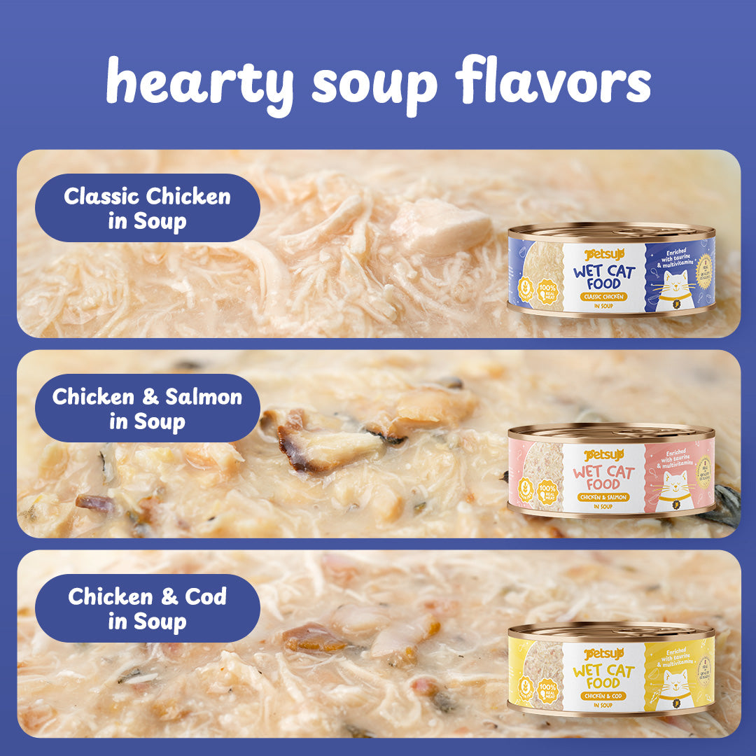Petsup Cat Canned Wet Food Quality Wet Food - 5 Flavors Tuna Chicken in Soup Salmon Cod Tuna in Soup 85g DHA Protein Minerals Vitamins For Cats And Kittens