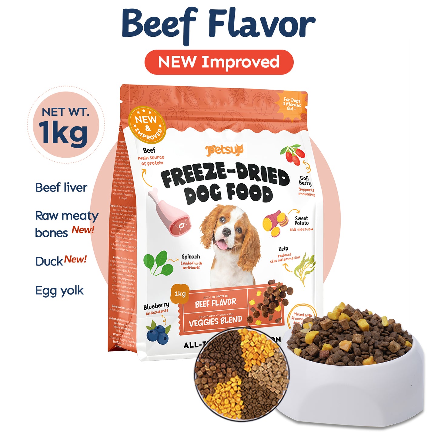 Petsup Freeze Dried Dog Dry Food 1kg for Adult and Puppy All Stage - Beef Duck Liver Egg Yolk