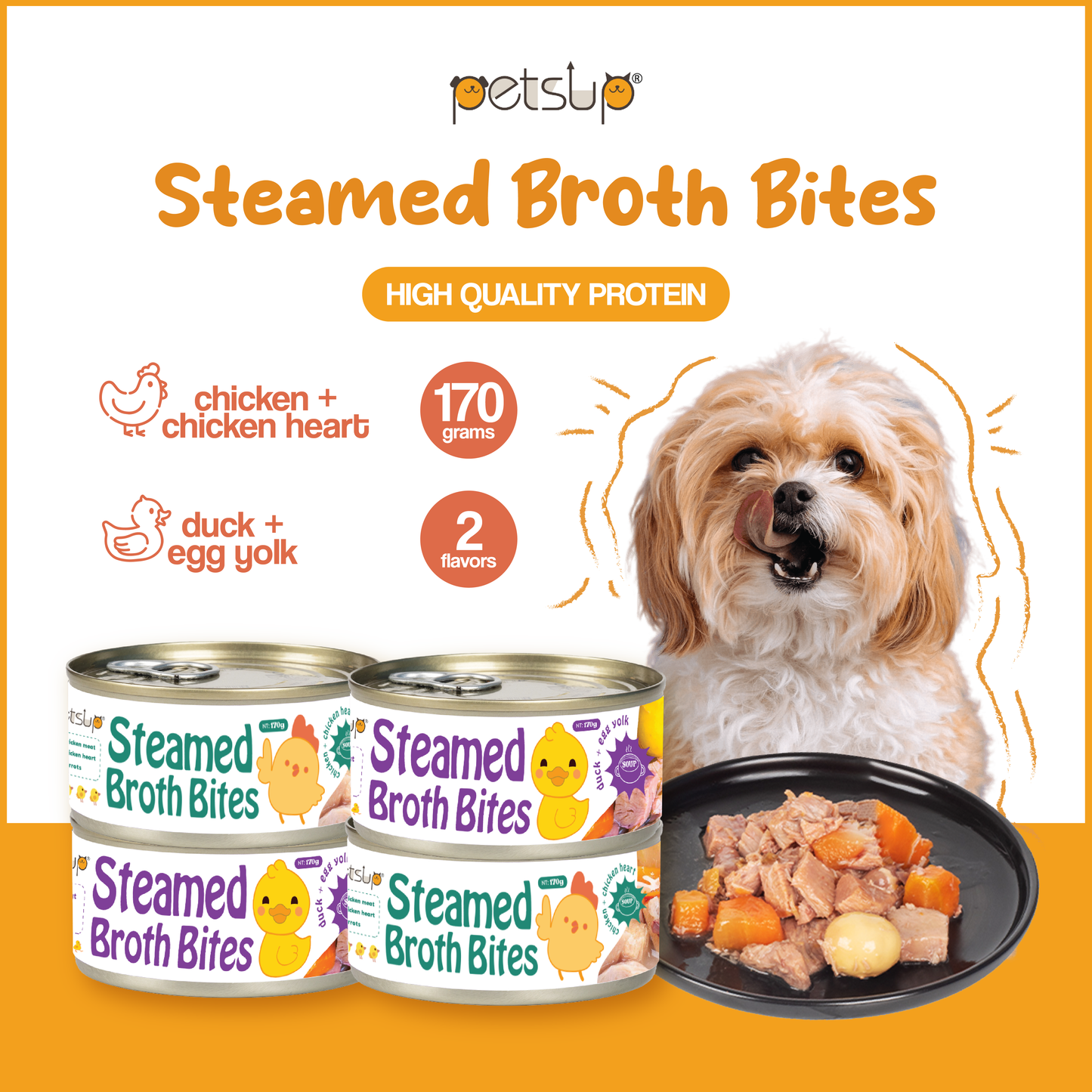 Petsup Dog Steamed Broth Bites 170g Real Meat Soup Chicken Heart and Duck Eggyolk For Dogs